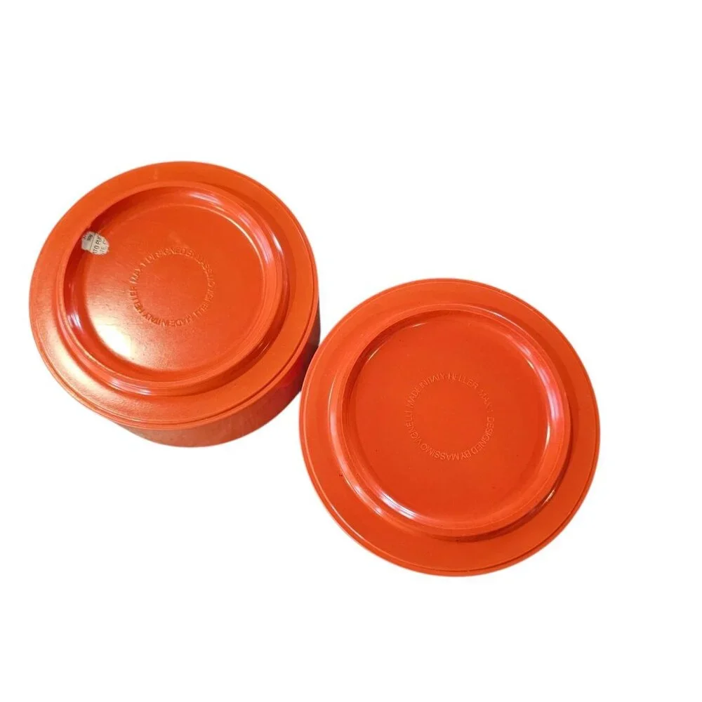 MCM 2 HELLER Bowls Finger Lid Vibrant Orange Massimo Vignelli Melamine 1 Cracked